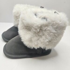First Steps Baby Girls Gray Faux Fur Trim Winter Boots